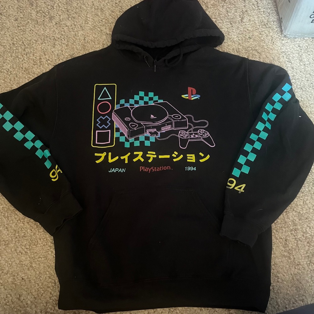 PlayStation Console 1994 Japan Hooded Mens Sweatshirt Black Retro Neon Medium